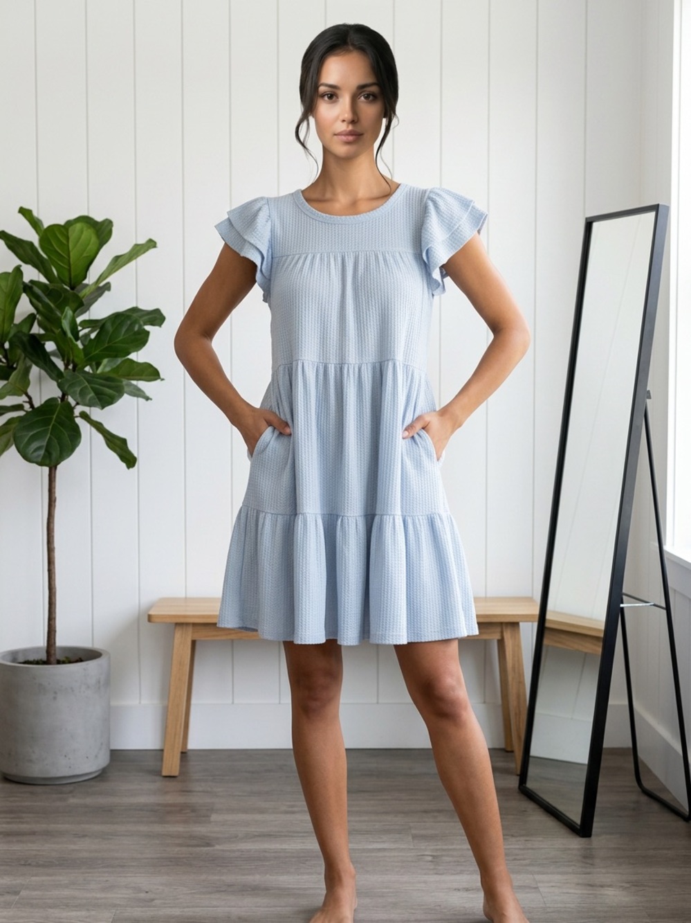 Easel Light Blue Tiered Flutter Sleeve Dress